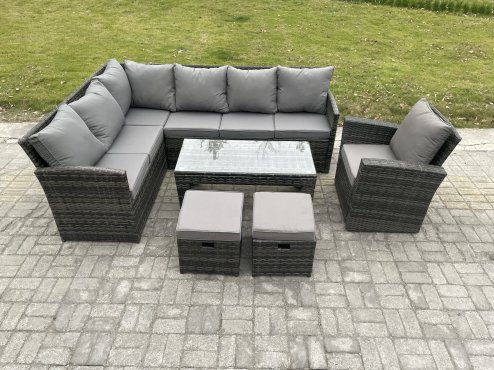 Fimous 9 Seater Outdoor Rattan Garden Furniture Set Corner Sofa Oblong Coffee Table Sets with Patio 2 Small Footstools Armchair Dark Grey Mixed