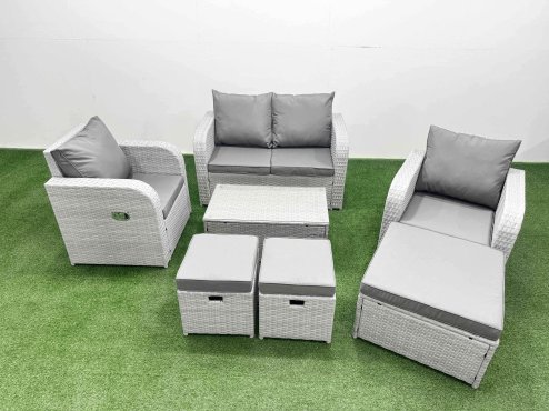Fimous Light Grey PE Wicker Rattan Garden Furniture Set Sofa Set Reclining Adjustable Chair Rectangular Coffee Table 7 Seater 3 Stools