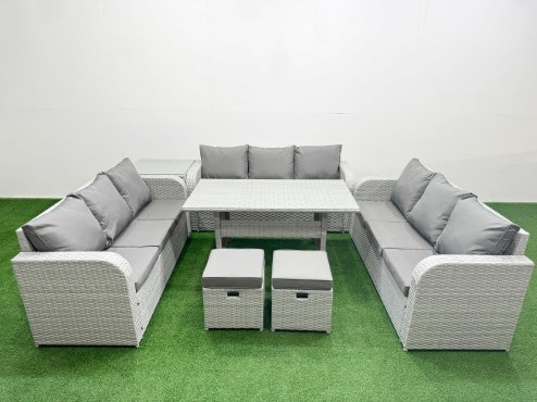 Fimous PE Rattan Lounge Sofa Set 11 Seater Outdoor Garden Furniture Set with Rectangular Dining Table 3 Seater Sofa 2 Stools Side Table Light Grey