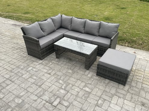 Fimous 7 Seater Outdoor Rattan Garden Furniture Set Corner Sofa Oblong Coffee Table Sets with Patio Big Footstool Dark Grey Mixed