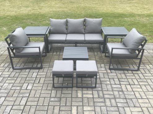 Fimous Aluminium 7 Seater Outdoor Lounge Sofa Set Garden Furniture Sets with Square Coffee Table 2 Chairs 2 Small Footstools 2 Side Tables Dark Grey