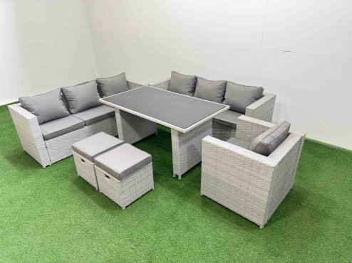 Fimous Patio Garden Furniture Sets with Black Glass Top Dining Table 3 Seater Sofa Armchair 2 Small Stool Light Grey