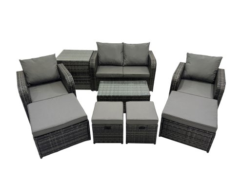 Fimous Outdoor Love Sofa Reclining Chair Coffee Table Set Garden Rattan Furniture Set 8 Seater with 4 Stools Side Table Dark Grey