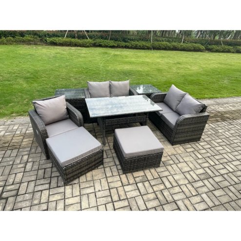 Fimous 7 Seater Lounge Rattan Sofa Set Outdoor Garden Furniture Oblong Rectangular Dining Table With Chairs 2 Big Footstool 2 Side Tables Dark Grey Mixed
