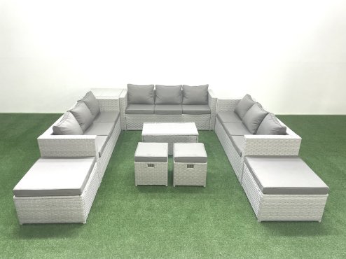 Fimous 9 Pieces Rattan Garden Furniture Set Outdoor Garden Sofa Coffee Table Set with Side Table 4 Footstools Light Grey Mixed