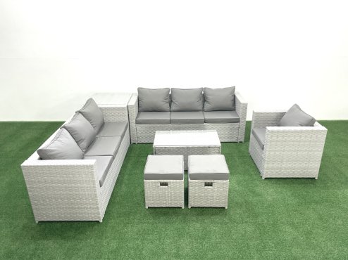 Fimous Wicker PE Rattan Sofa Garden Furniture Set with Armchair Oblong Coffee Table 2 Small Footstools Side Table Light Grey Mixed
