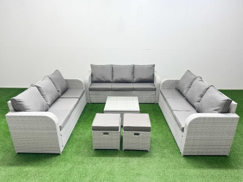 Fimous PE Rattan Lounge Sofa Set 11 Seater Outdoor Garden Furniture Set with Square Coffee Table 3 Seater Sofa 2 Stools Light Grey