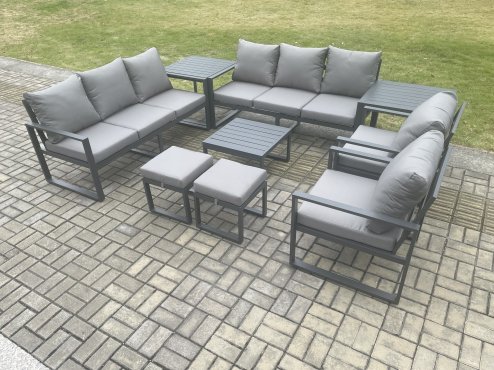 Fimous Aluminium Patio Outdoor Garden Furniture Lounge Sofa Set with Square Coffee Table 2 Chairs 2 Side Tables 2 Small Footstool Dark Grey