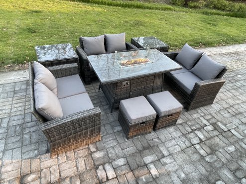Fimous High Back Rattan Garden Furniture Sofa Sets with Outdoor Furniture Gas Firepit Dining Table Set 2 Small Footstool 2 Side Tables Dark Grey Mixed