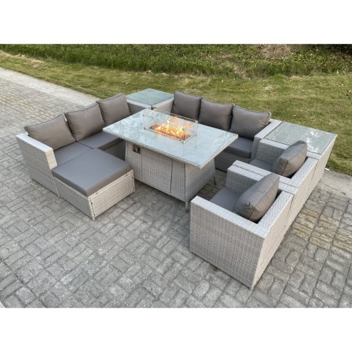Fimous Light Grey Rattan Fire Pit Garden Furniture Set Gas Heater Burner Lounge Sofa Dining Set 2 Coffee Table Chairs Footstool