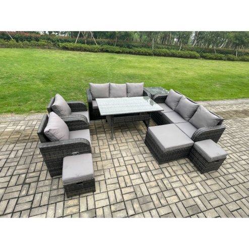 Fimous Outdoor Garden Patio Furniture Wicker Rattan Oblong Rectangular Dining Table and Lounge Sofa set with Adjustable Chair Side Table 3 Footstool Dark Grey Mixed
