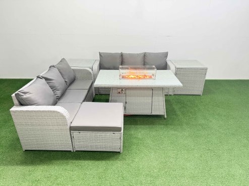 Fimous Outdoor Garden Furniture Sets 7 Seater Wicker Rattan Furniture Sofa Sets with Firepit Dining Table high Back Lounge Sofa Big Footstool 2 Side Table Light Grey