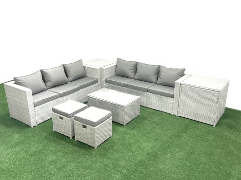 Fimous Garden Outdoor PE Rattan Furniture Set 8 Seater Rattan Garden Sofa Set with 2 Small Footstool 2 Side Tables Light Grey Mixed