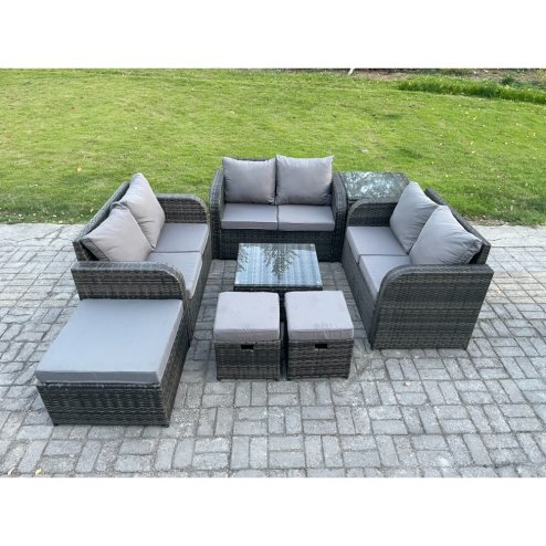 Fimous 9 Seater Outdoor Garden Furniture Sets Wicker Rattan Furniture Sofa Sets with Square Coffee Table Love seat Sofa 3 Footstools Side Table