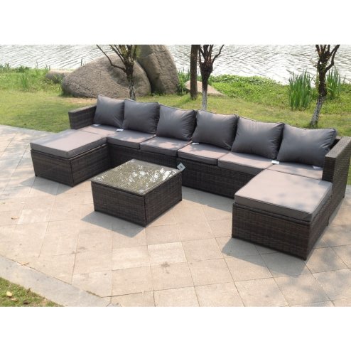 Fimous 8 Seater Lounge Wicker Rattan Sofa Set Footstool Table Outdoor Garden Furniture With 2 Footstools