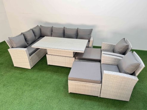 Fimous 10 Seat Rattan Outdoor Garden Furniture Corner Sofa Set Adjustable Lifting Dining or Coffee Table Set with Armchair Light Grey