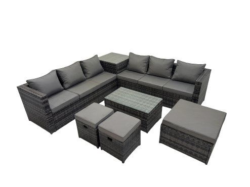 Fimous 9 Seater Garden Outdoor Rattan Furniture Set Patio Corner Sofa Rectangular Coffee Table with Side Table 3 Stool Dark Grey