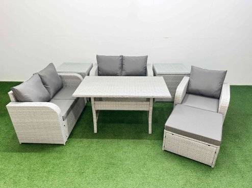 Fimous High Back Poly Rattan Garden Furniture Set with Reclining Chair Loveseat Sofa Rectangular Dining Table Indoor Outdoor Patio Set Big Stool 2 Side Table Light Grey