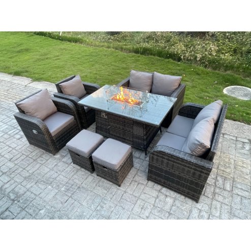 Fimous Outdoor Rattan Garden Furniture High Back Sofa Set Fire Pit Dining Table Gas Heater 2 Recling Chairs 2 Seater Love Sofa Footstools 8 Seater