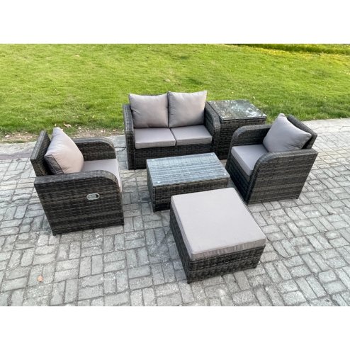 Fimous 6 PC Outdoor PE Rattan Garden Furniture Set Wicker Love Sofa Coffee Table 2 Armchair Big Footstool Side Table Dark Grey Mixed