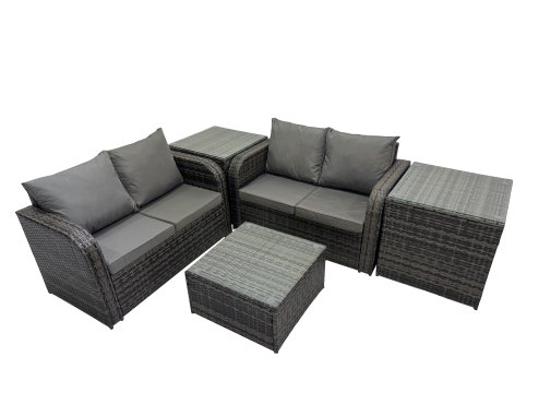 Fimous Rattan Garden Outdoor Furniture Set Love Sofa Square Coffee Table Set with 2 Side Tables Dark Grey Mixed