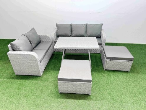 Fimous Outdoor PE Rattan Garden Furniture Set Rectangular Dining Table Sofa Set with 2 Big Stool Light Grey