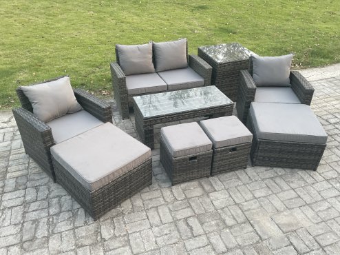 Fimous High Back Rattan Garden Furniture Sofa Sets with Rectangular Coffee Table Side Table Armchair 2 Big Footstool 2 Small Footstools Dark Grey Mixed
