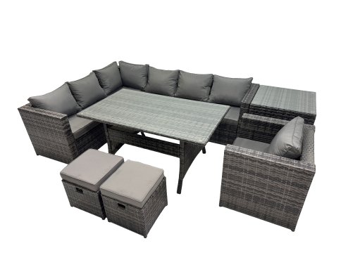 Fimous Outdoor PE Rattan Sofa Set with Dining Table Patio Garden Furniture Sets with Chair 2 Small Stool Side Table Dark Grey Mixed
