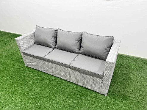 Fimous 7 Seat PE Rattan Lounge Sofa Set Outdoor Garden Furniture Set with Firepit Dining Table 3 Seater Sofa 2 Side Tables Light Grey