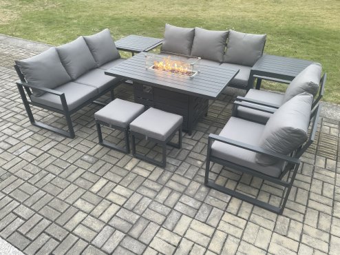 Fimous Aluminium Outdoor Garden Furniture Set Patio Lounge Sofa Gas Fire Pit Dining Table Set with 2 Small Footstools 2 Side Tables Dark Grey
