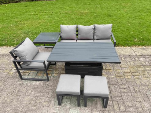 Fimous Aluminum Outdoor Dining Set Patio Dining Furniture Set Includes Adjustable Rising Lifting Dining Table Chairs with 2 Small Footstools