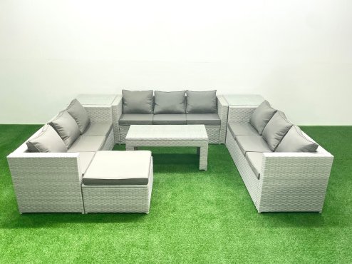 Fimous Rattan Garden Outdoor Furniture Set 10 Seater Garden Sofa Oblong Coffee Table Set with Big Footstool 2 Side Tables Light Grey Mixed