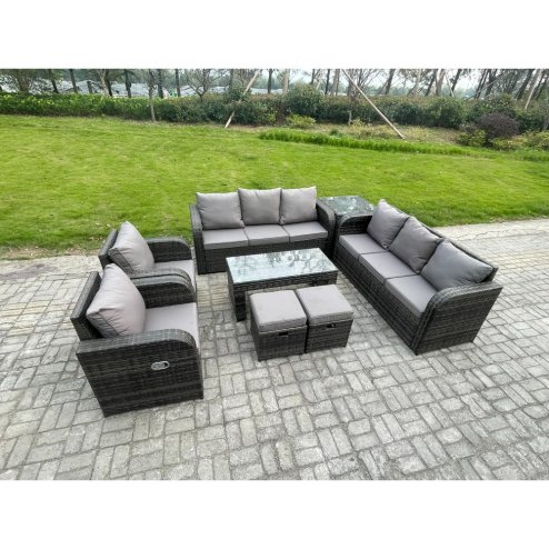 Fimous 10 Seater Wicker PE Rattan Sofa Set Outdoor Patio Garden Furniture with 2 Reclining Chairs Coffee Table Side Table 2 Small Footstools Dark Grey Mixed