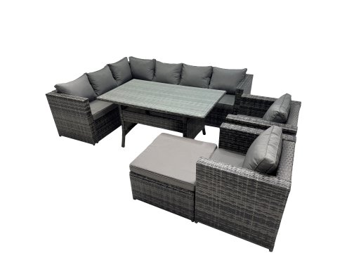 Fimous Outdoor PE Rattan Sofa Set with Dining Table Patio Garden Furniture Sets with 2 Chairs Big Stool Dark Grey Mixed