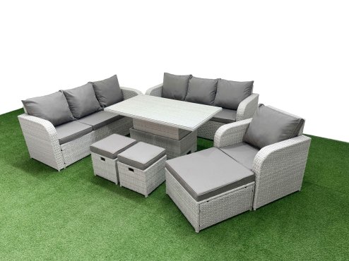 Fimous 10 Seater Poly Rattan Outdoor Garden Furniture Adjustable Lifting Dining or Coffee Table Sofa Set Patio 3 Seater Sofa Reclining Chair 3 Seater Sofa 3 Stools Light Grey