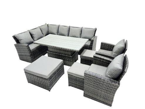 Fimous Poly Rattan Outdoor Patio Height Adjustable Rising Lifting Table Corner Sofa Set with 3 Stool,2 Chairs for Garden Backyard Dark Grey Mixed