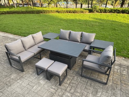 Fimous Aluminium Garden Furniture Sets,9 Seater Outdoor Sofa Dining Set with Adjustable Rising Lifting Dining Table Side Table 2 Small Footstools for Yard,Poolside, Patio, Dark Grey