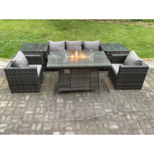 Fimous 5 Seater Outdoor PE Rattan Garden Furniture Set Gas Fire Pit Dining Table Gas Heater Burner With Sofa Armchairs Big Footstool Dark Grey Mixed
