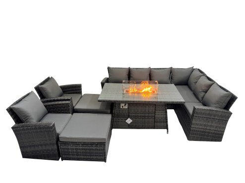 Fimous Outdoor Furniture Garden Dining Set Rattan Corner Sofa Chair Set Gas Fire Pit Table with Temper Glass 2 Big Footstools Dark Grey Mixed