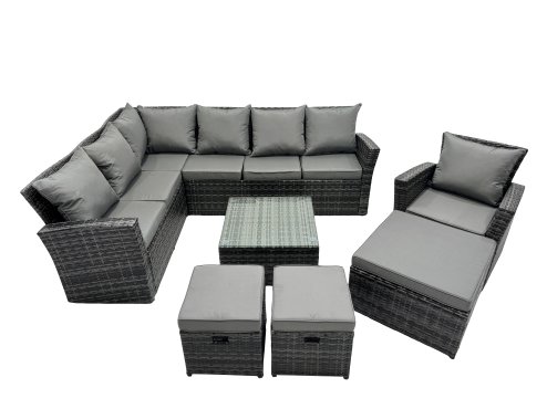 Fimous Poly Rattan Outdoor Patio Coffee Table Corner Sofa Set with 3 Stool Chair for Garden Backyard Dark Grey Mixed