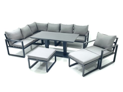 Fimous Aluminum Outdoor Garden Furniture Set Corner Sofa Chair 2 Big Footstools Adjustable Rising Lifting Dining Table Sets Dark Grey
