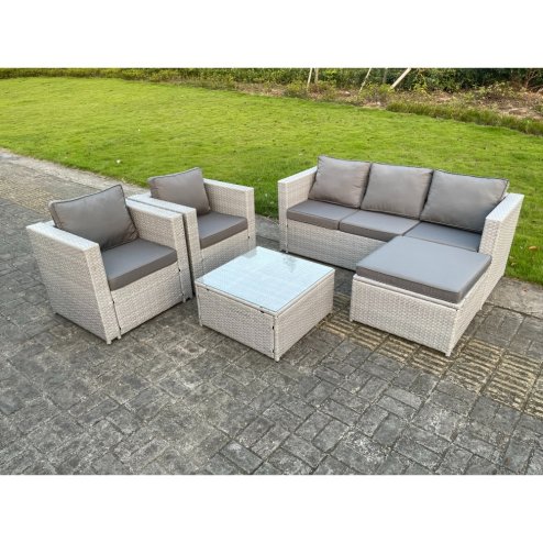Fimous 6 Seater PE Wicker Light Grey Rattan Sofa Set Garden Furniture Chairs Footstool Conservatory Patio Furniture