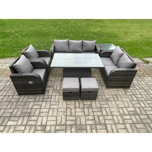 Fimous Wicker PE Rattan Outdoor Garden Furniture Sets Height Adjustable Rising lifting Dining Table Reclining Chair Sofa Set with Side Table 2 Small Footstools Dark Grey Mixed