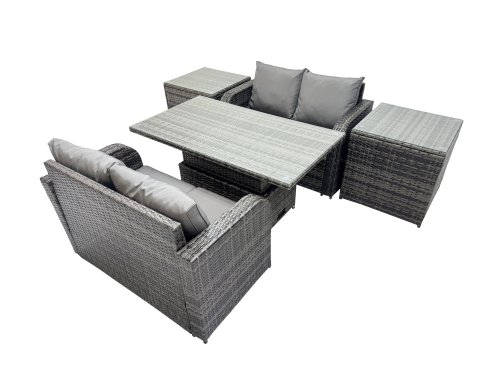 Fimous 4-seater Patio Height Adjustable Rising Lifting Table Sofa Sets Rattan Garden Furniture Dining Set with 2 Side Table Dark Grey Mixed