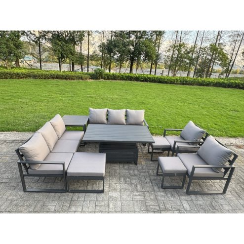 Fimous 8 Piece Garden Furniture Set 11-Seater Aluminium Outdoor Dining Set with Adjustable Rising Lifting Dining Table & Cushions 3 Footstools Dark Grey