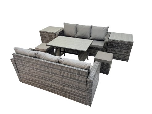 Fimous Garden Rattan Outdoor Furniture Set 8 Seater with 3 Seater Sofa 2 Side Table 2 Small Stools Dark Grey