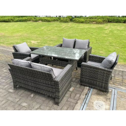 Fimous 6 Seater Outdoor Dark Grey Mixed High Back Rattan Sofa Dining Table Set Garden Furniture Arm Chairs Love Sofa