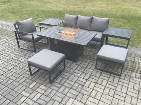 Fimous Aluminium 7 Pieces Garden Furniture Sofa Set with Cushions Gas Fire Pit Dining Table Set with 2 Big Footstools 2 Side Tables Dark Grey