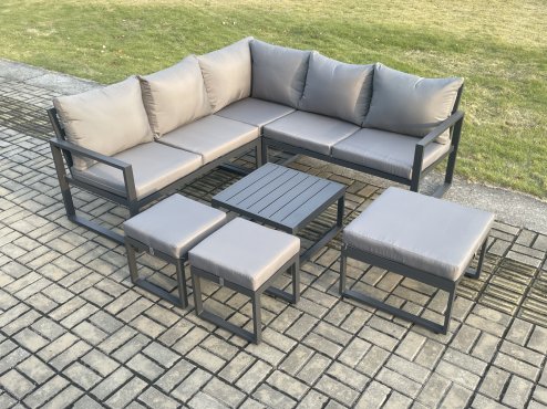 Fimous Outdoor Garden Furniture Set Aluminium Lounge Sofa Square Coffee Table Sets with 3 Footstools Indoor Conservatory Set Dark Grey