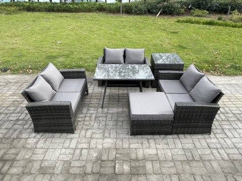 Fimous 7 Seater Rattan Wicker Garden Furniture Patio Conservatory Sofa Set with Rectangular Dining Table Love Seat Sofa Big Footstool Side Table
